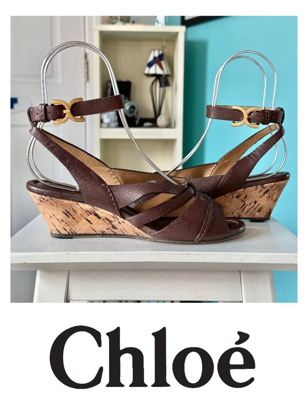 Chloe Strappy Leather Cork Wedge Slingback Sandals (6.5 US / EU 37.5) - Picture 2 of 10